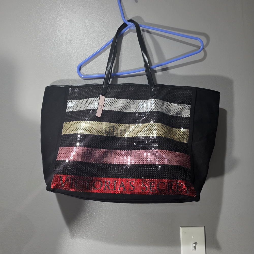 Victoria's Secret Black and Gold Sequin Tote Bag